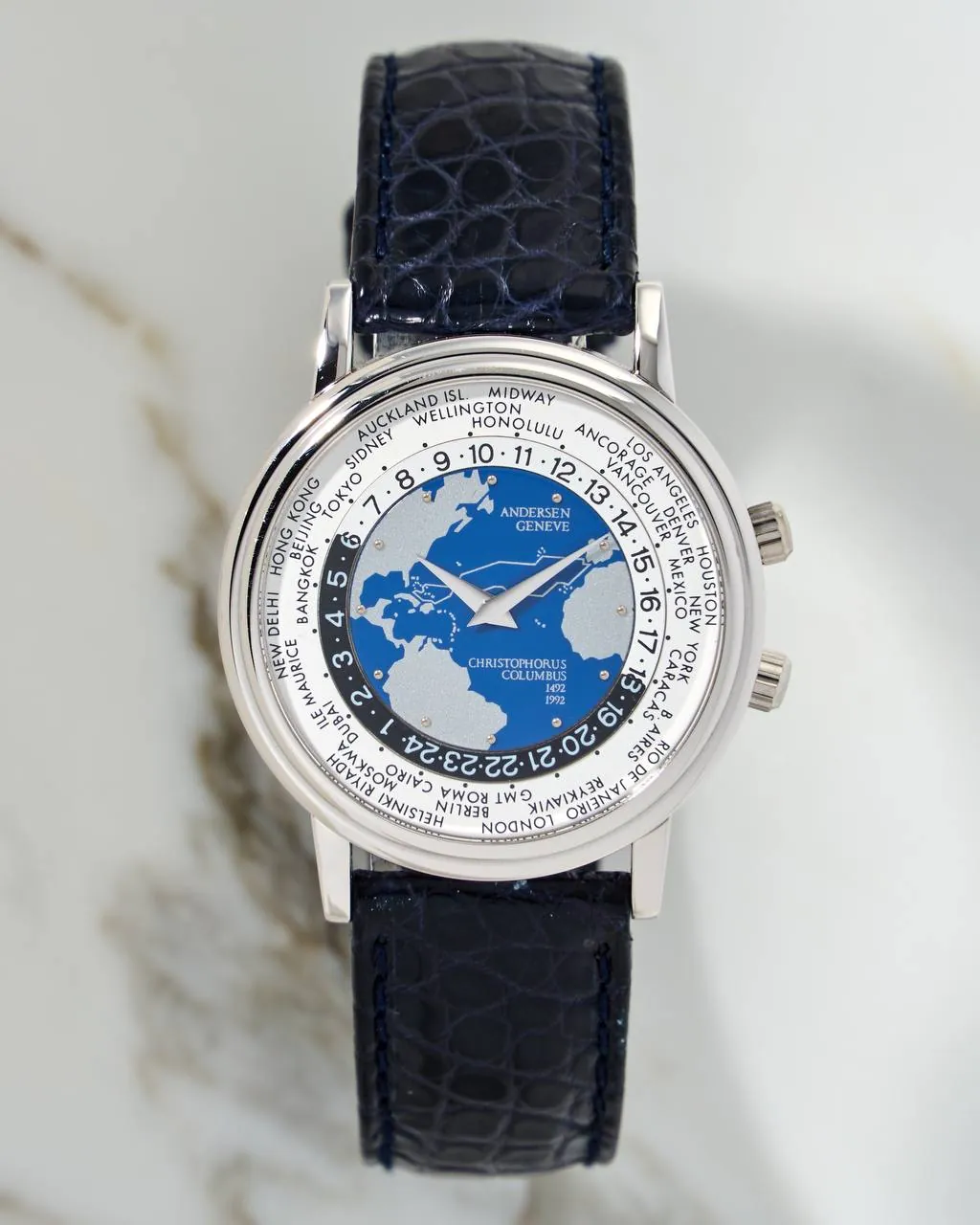Andersen Geneve Christopher Columbus Worldtimer White Gold NOS – 13