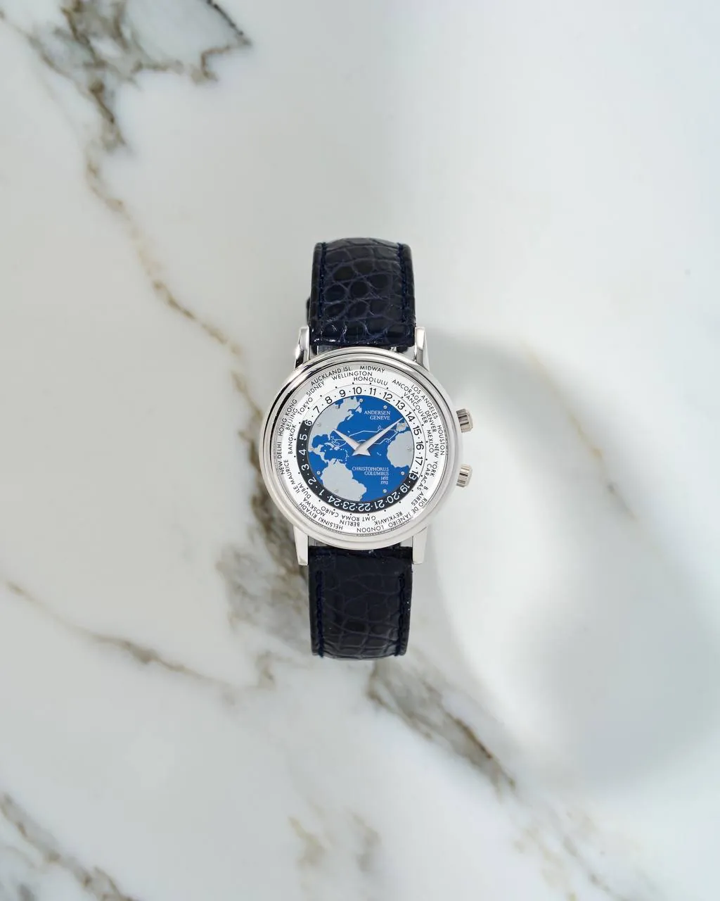 Andersen Geneve Christopher Columbus Worldtimer White Gold NOS