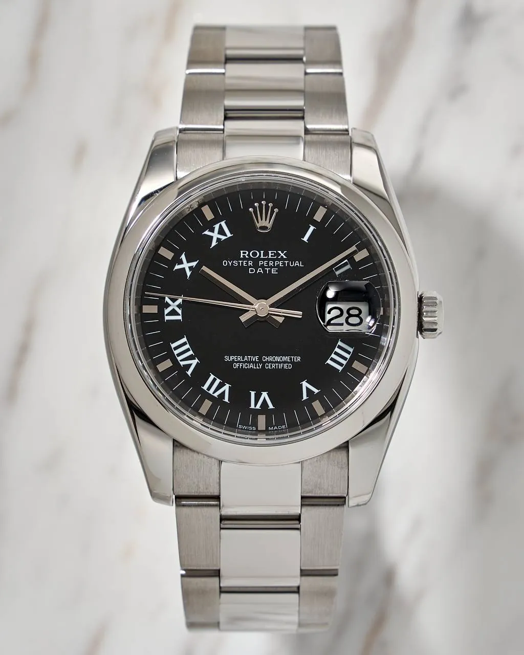 Rolex Oyster Perpetual Date Black Romain Dial 34mm G Series 115200 – 12