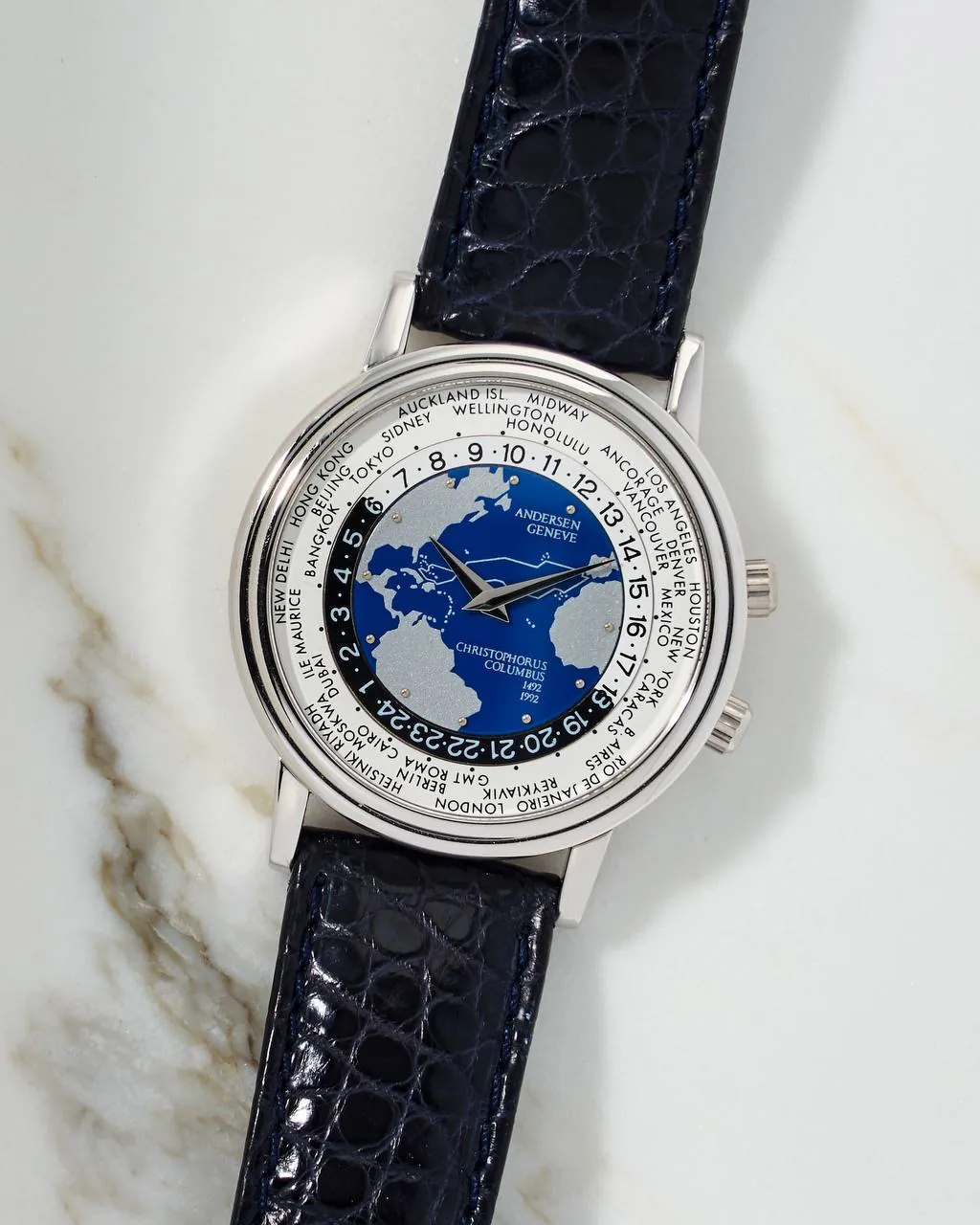 Andersen Geneve Christopher Columbus Worldtimer White Gold NOS – 9