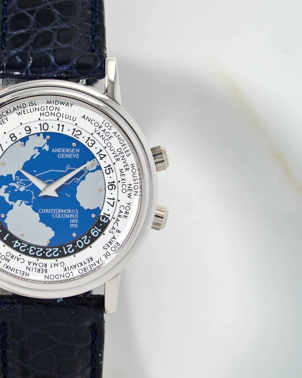 Andersen Geneve Christopher Columbus Worldtimer White Gold NOS – 2